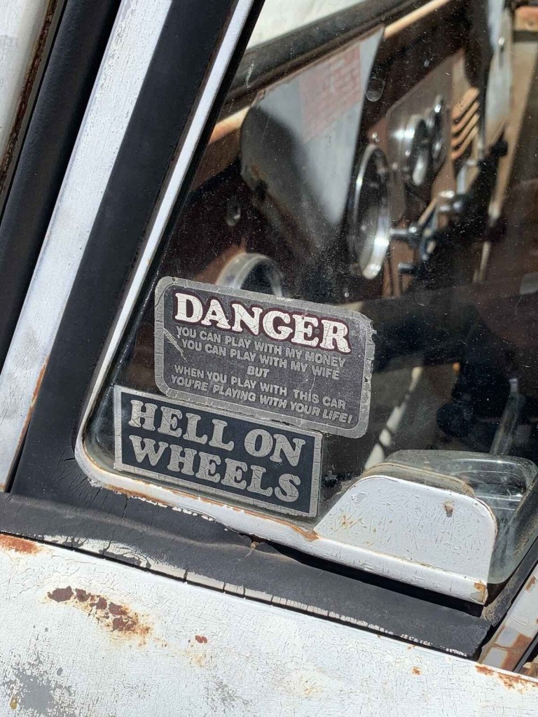 A sticker reading 'Hell on Wheels"