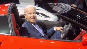 U.S. President Joe Biden smiles a big as he can at the prospect of going for a drive in a C7 Corvette.