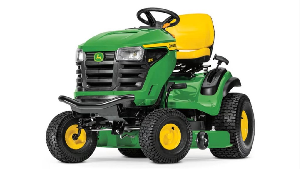 A John Deere S130 riding lawn mower with a hydrostatic transmission shows off its green paintwork. 