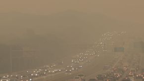 The Long Island Expressway in Islandia, New York, covered in smoke from Canadian wildfires