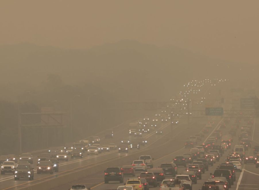 The Long Island Expressway in Islandia, New York, covered in smoke from Canadian wildfires