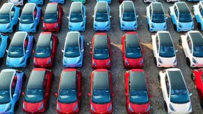 Aerial view of Chery electric cars sitting parked at a factory of Chery New Energy Automobile Co., Ltd.