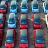 Aerial view of Chery electric cars sitting parked at a factory of Chery New Energy Automobile Co., Ltd.