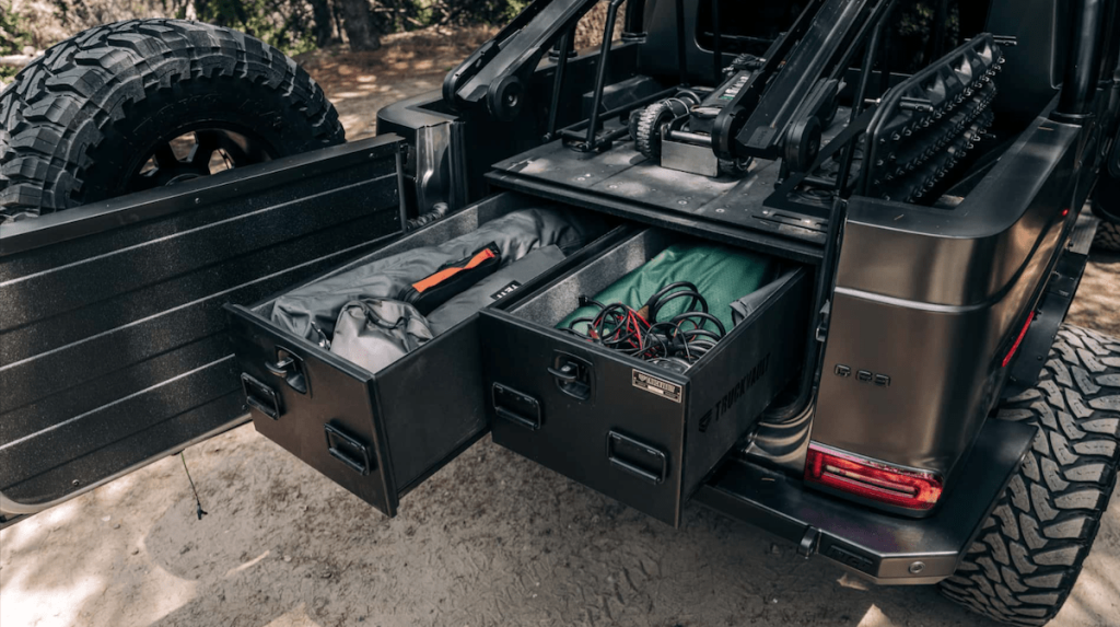 Drawers and gear in the truck bed on a Mercedes-Benz G63 G-Wagon overland rig