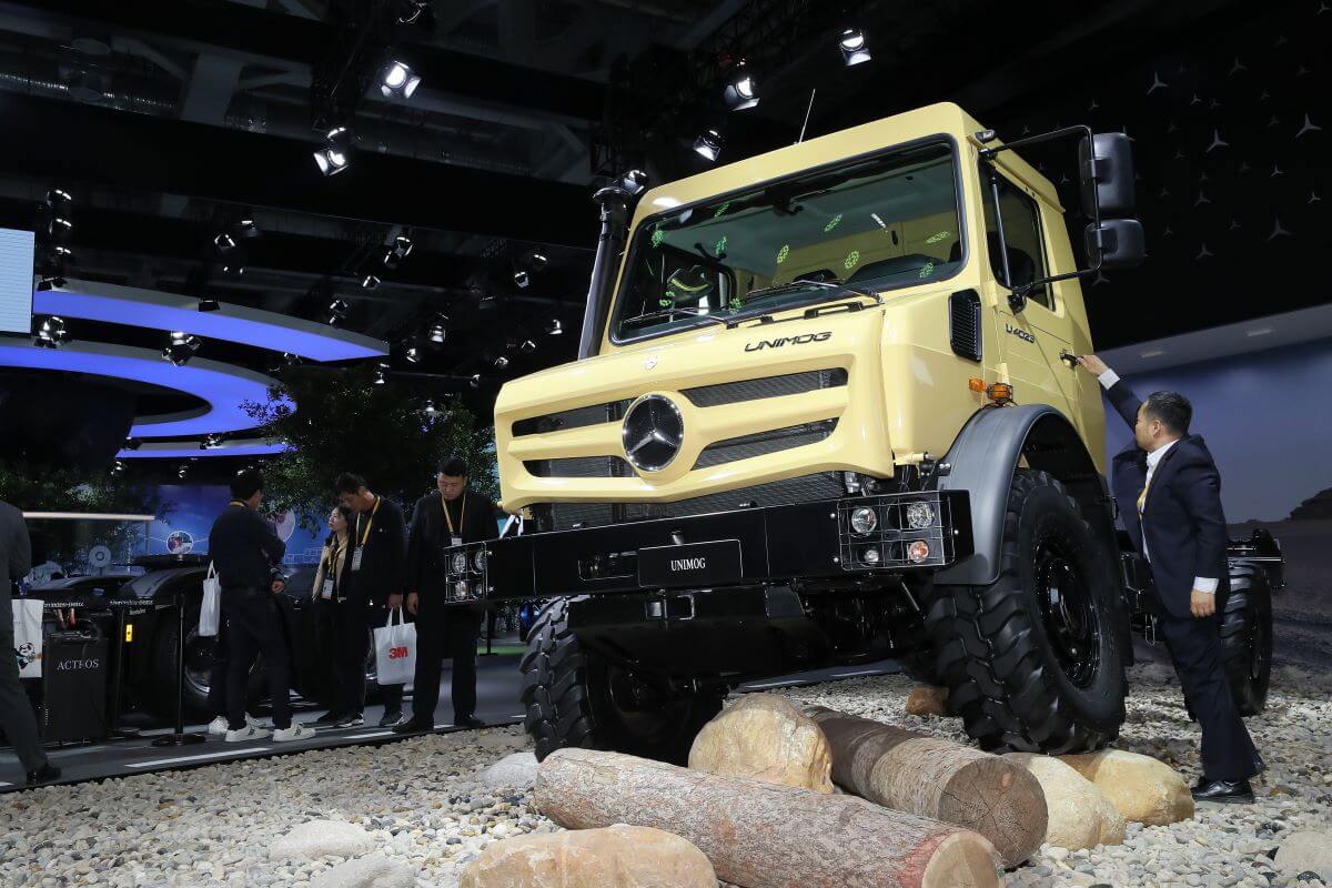 A Mercedes-Benz Unimog display at the CIIE at the National Exhibition and Convention Center in Shanghai, China