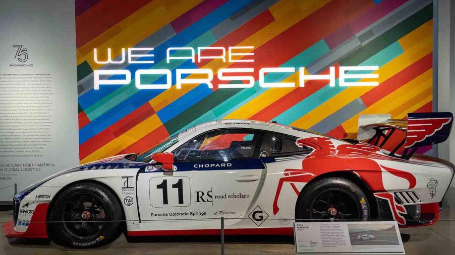 Porsche Race Car on display at the beginning of the We Are Porsche exhibit at the Petersen Automotive Museum