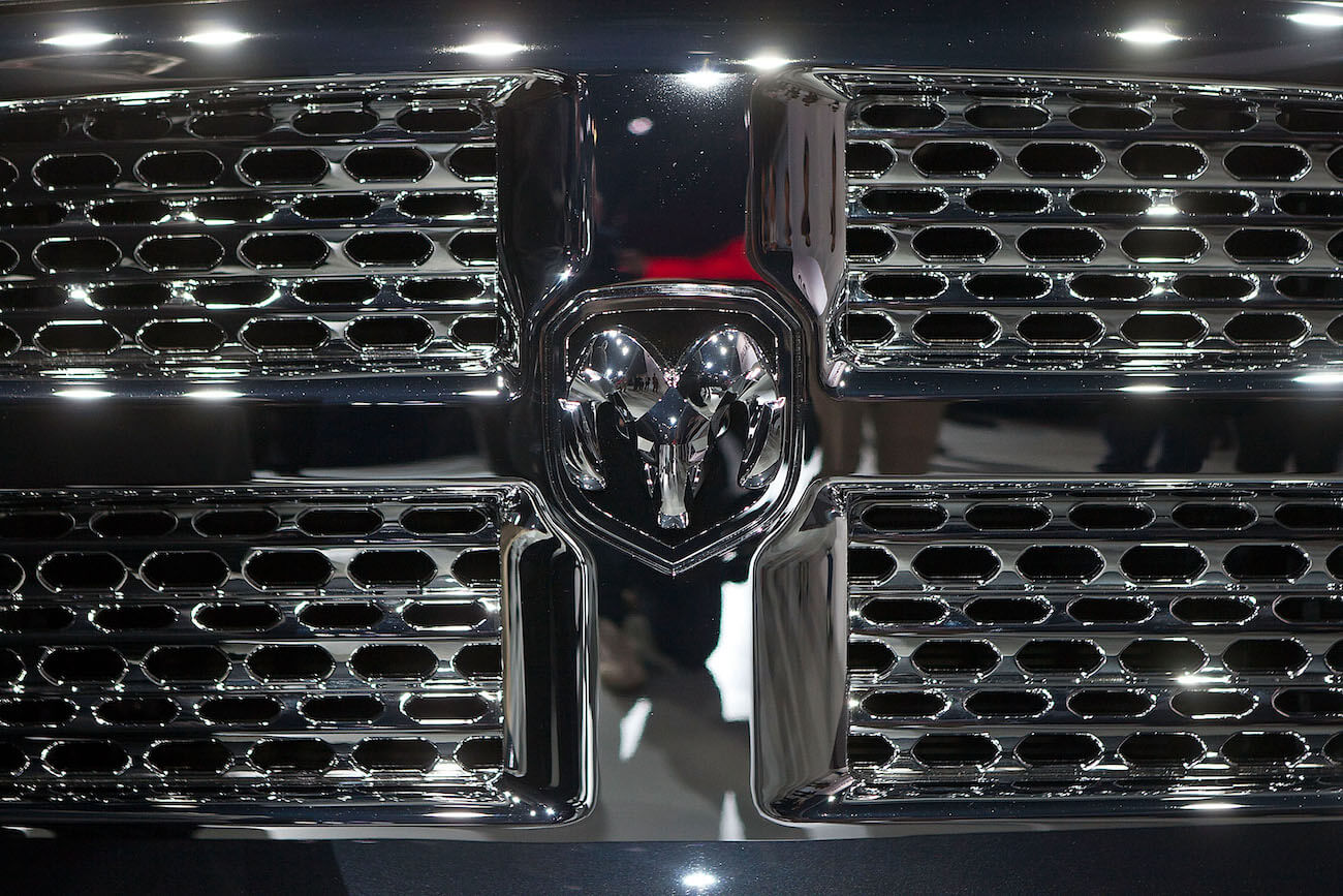 The grill with the RAM 1500 classic logo is seen during the truck's introduction at the New York Interantional Auto Show