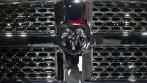 The grill with the RAM 1500 classic logo is seen during the truck's introduction at the New York Interantional Auto Show