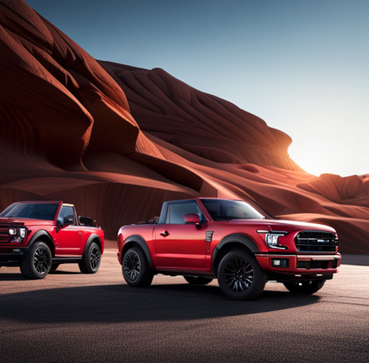A rendering of two red Ford Bronco convertibles sitting in the desert.