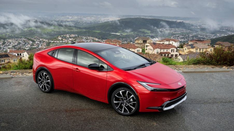 The redesigned 2023 Toyota Prius Prime XSE plug-in hybrid (PHEV) hatchback model in red. The fully loaded Toyota Prius Prime is a great hybrid option.