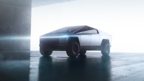 The Tesla Cybertruck in a garage