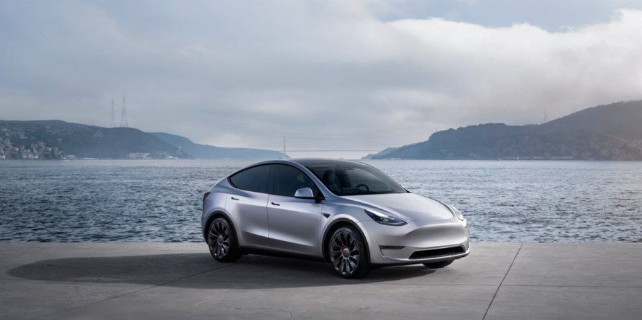 A gray 2023 Tesla Model Y small electric SUV is parked near water. 