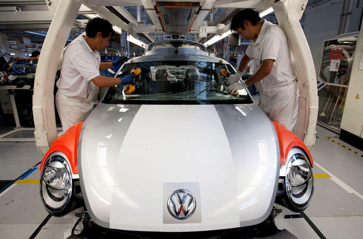 The production line of Volkswagen Beetle models at an assembly plant in Puebla, Mexico