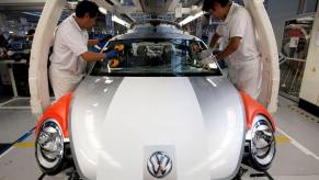The production line of Volkswagen Beetle models at an assembly plant in Puebla, Mexico