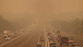 Islandia, N.Y.: Scene along the Long Island Expressway at exit 58 in Islandia. New York as smoke from Canadian wildfires blanket Long Island on June. 7, 2023.