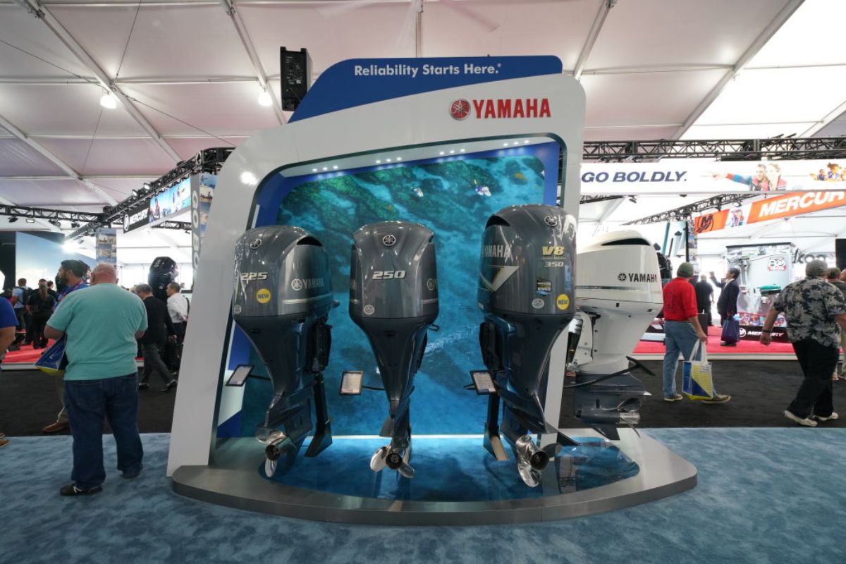 Yamaha outboard motors on display at the Miami Boat Show.