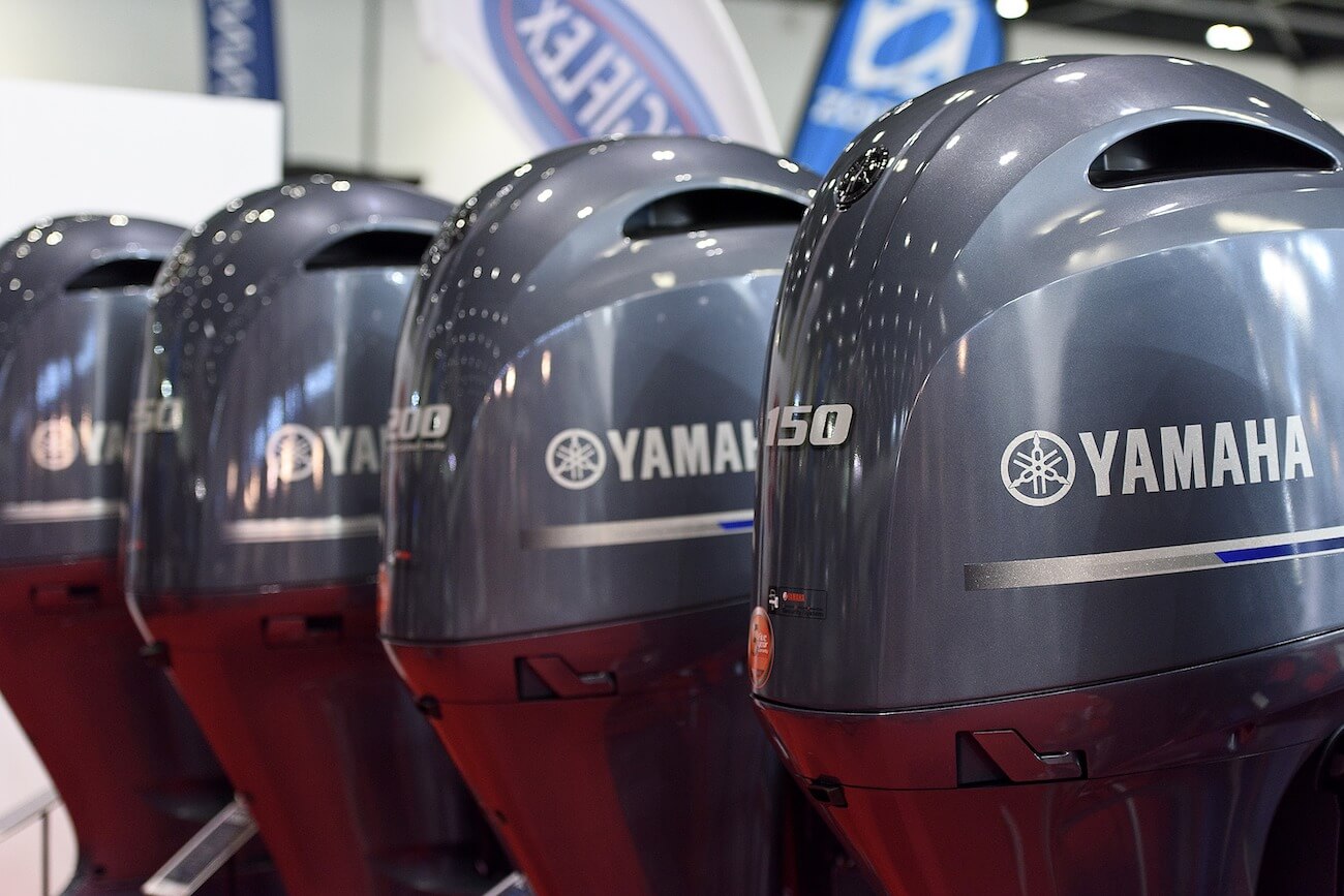 Yamaha outboard motors are displayed during the London Boat Show.