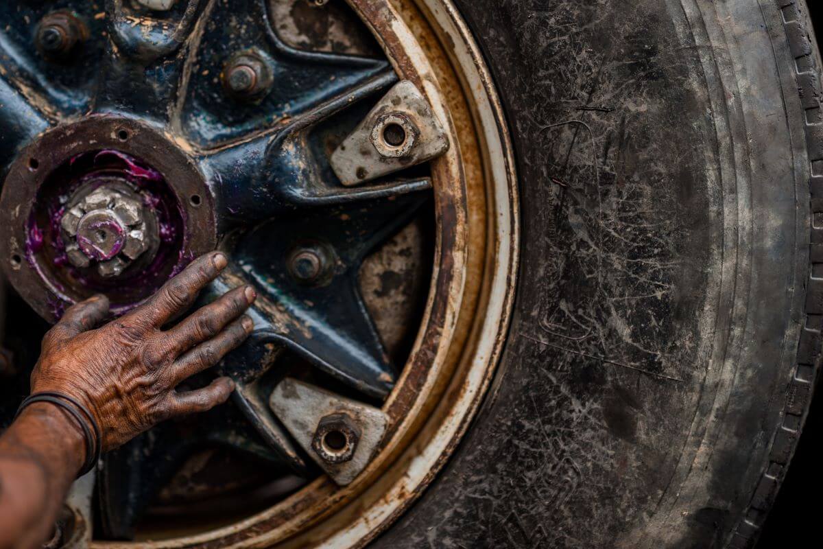 A Colombian car mechanic performing maintenance on a truck axle cap comprised of bolts and pins