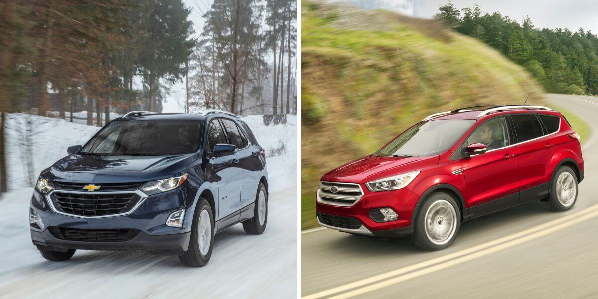 A blue 2018 Chevy Equinox (left) and a red 2018 Ford Escape (right) compact SUV models
