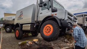 A customized Mercedes-Benz Unimog U5030 at an off-road fair in Bad Kissingen, Germany