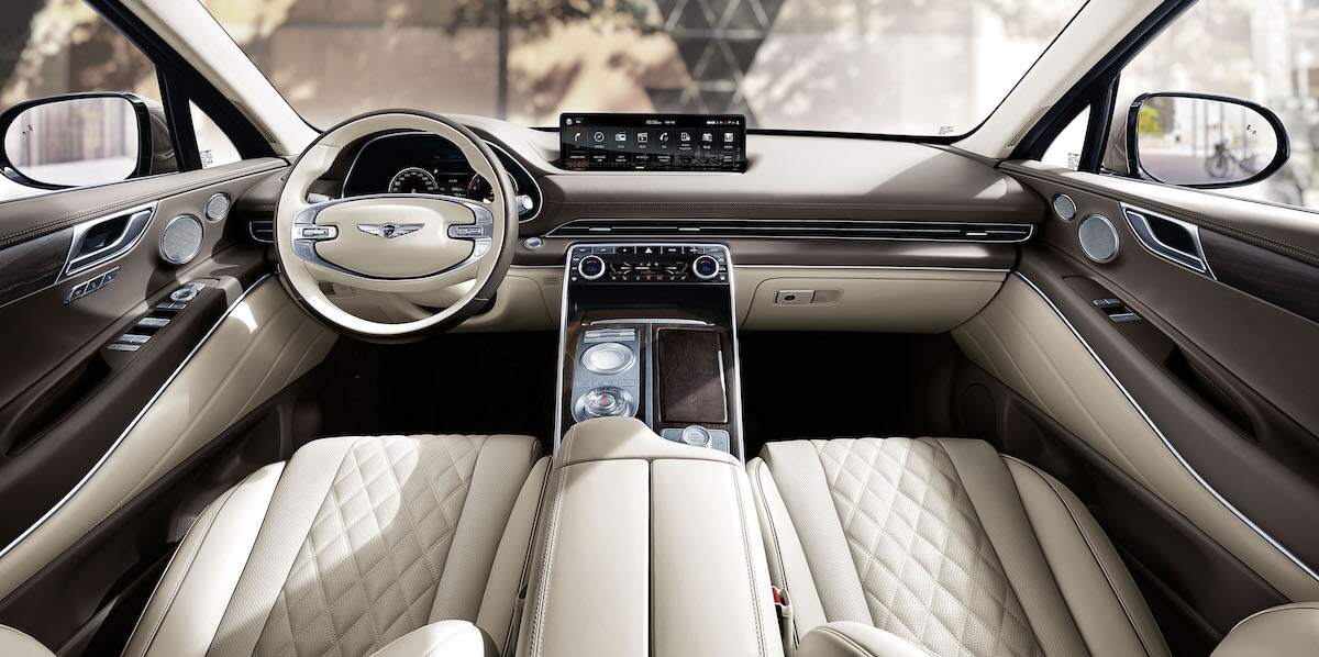 Interior of a fully loaded 2024 Genesis GV80, an award winner for high-tech safety features