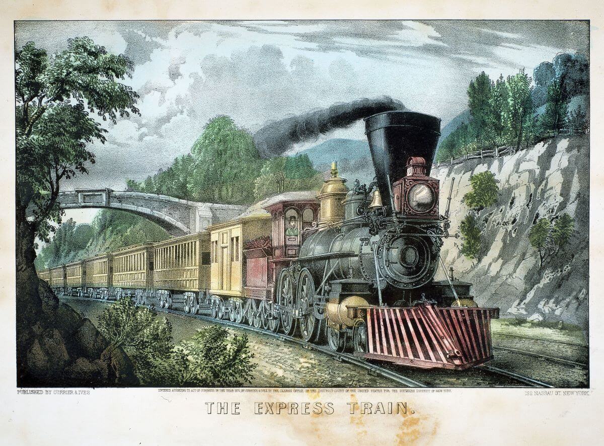 'The Express Train' lithograph print of a locomotive with a cowcatcher by Currier & Ives