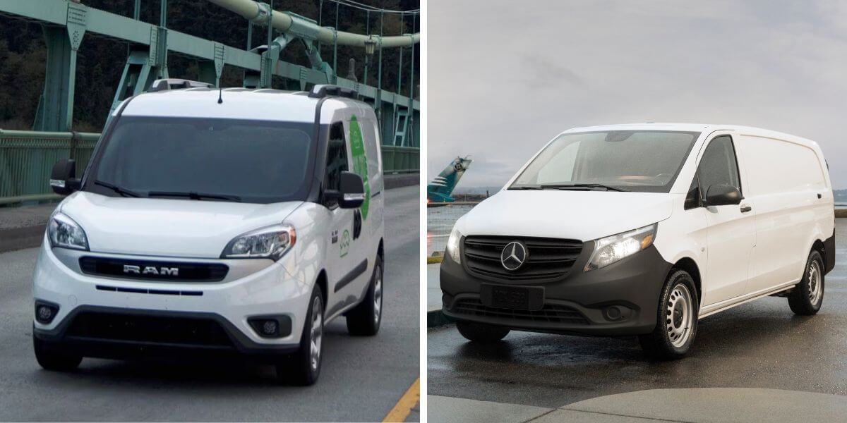 A 2023 Ram ProMaster City (left) and 2021 Mercedes-Benz Metris (right) passenger and cargo van models