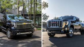 (L to R) 2024 Chevy Silverado 2500 HD High Country and 2024 GMC Sierra 3500 HD Denali heavy-duty truck models