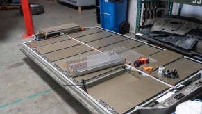 Tesla Model S Battery pack removed from car