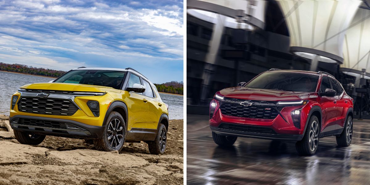A yellow 2024 Chevy Trailblazer subcompact SUV (left) and red 2024 Chevy Trax subcompact SUV (right)