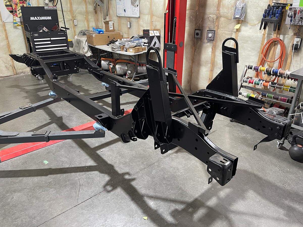 North American Electric Vehicle Humvee EV conversion frame with body removed