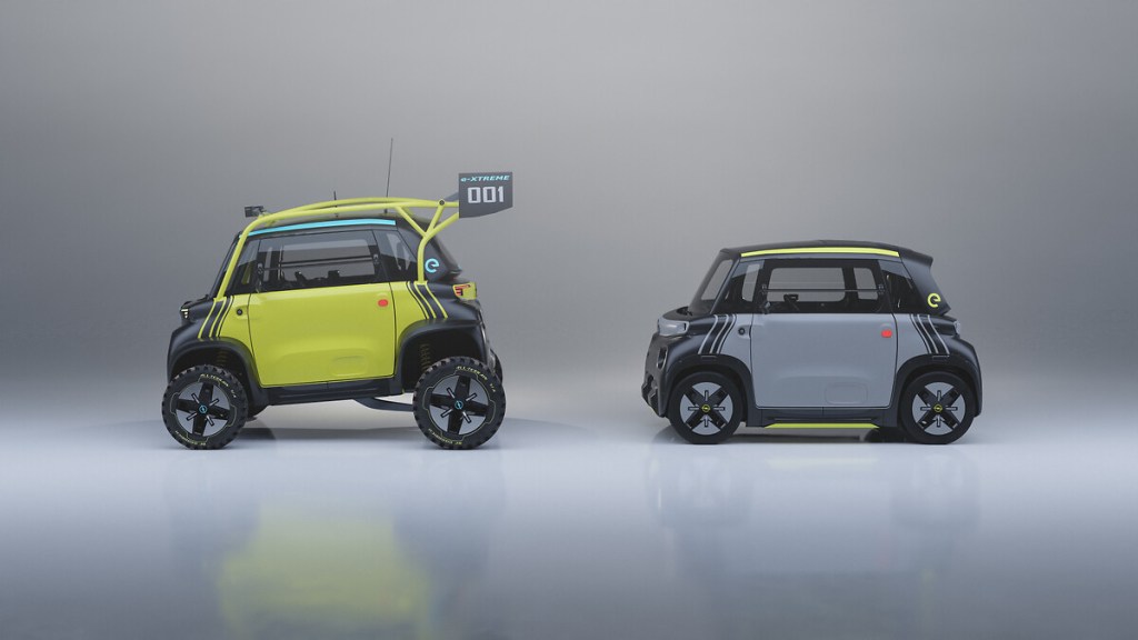 Opel Rocks e-Xtreme city car contest winner with stock version in studio shot