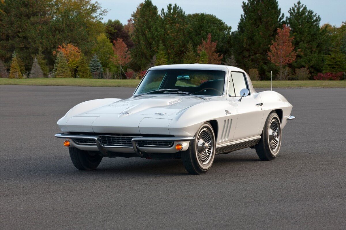 A white C2 Stingray shows off its front-end styling.