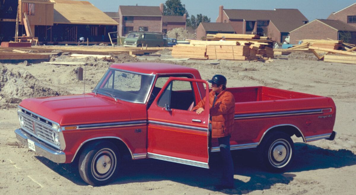 Red 1971 Ford F-150 at construction site