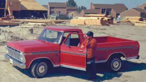 Red 1971 Ford F-150 at construction site