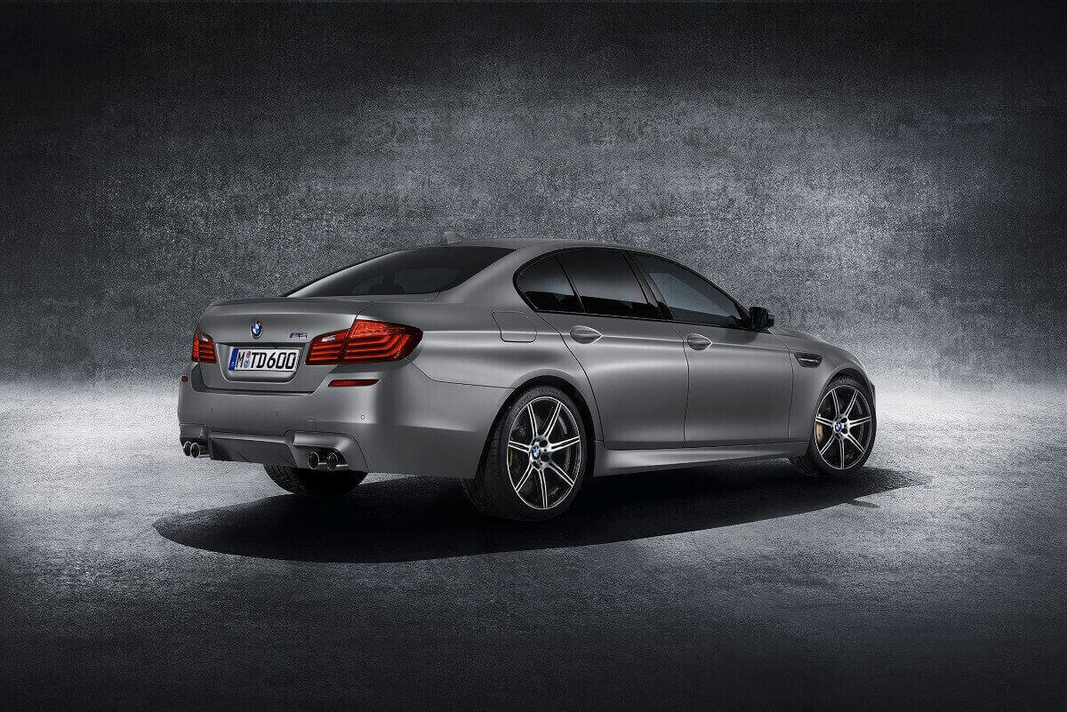 A 2015 BMW M5 shows off its rear-end styling.
