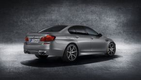 A 2015 BMW M5 shows off its rear-end styling.