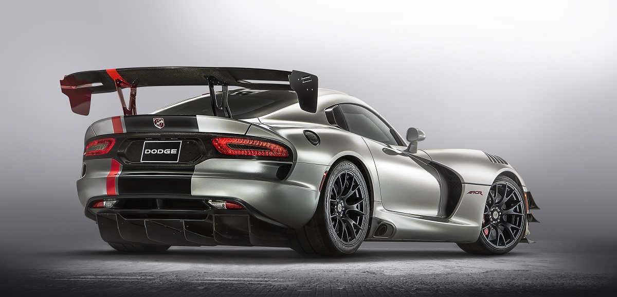 A 2017 Dodge Viper ACR shows off its dramatic rear wing.