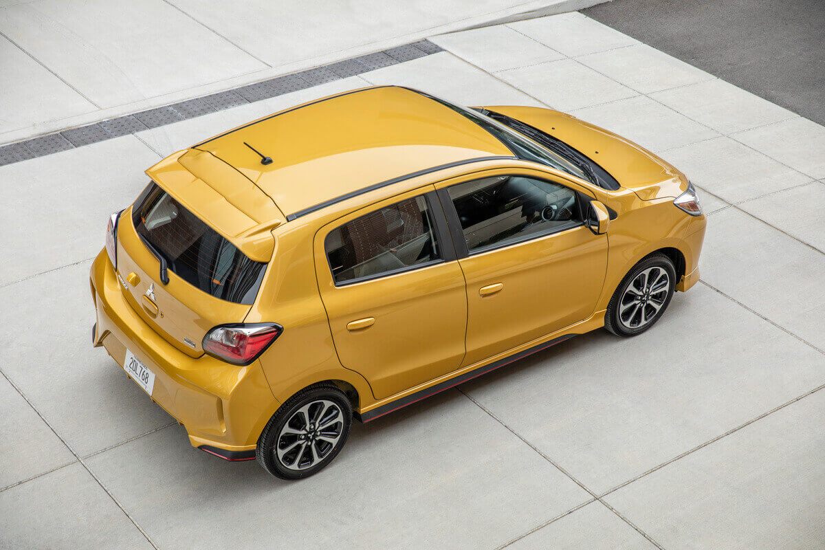 A 2021 Mitsubishi Mirage shows off its hatchback body. 