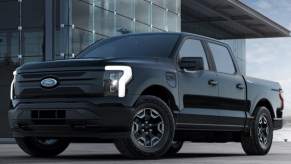 The 2023 Ford F-150 Lightning Pro parked in the city on display