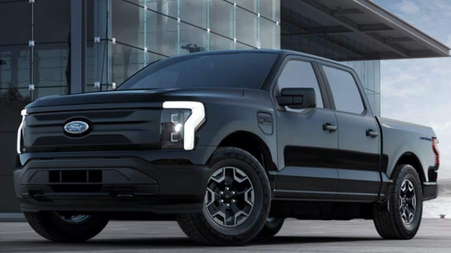 The 2023 Ford F-150 Lightning Pro parked in the city on display