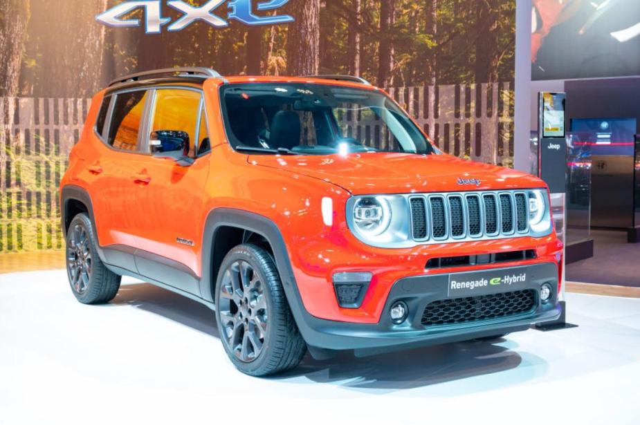 An orange Jeep Renegade on display at an auto show.