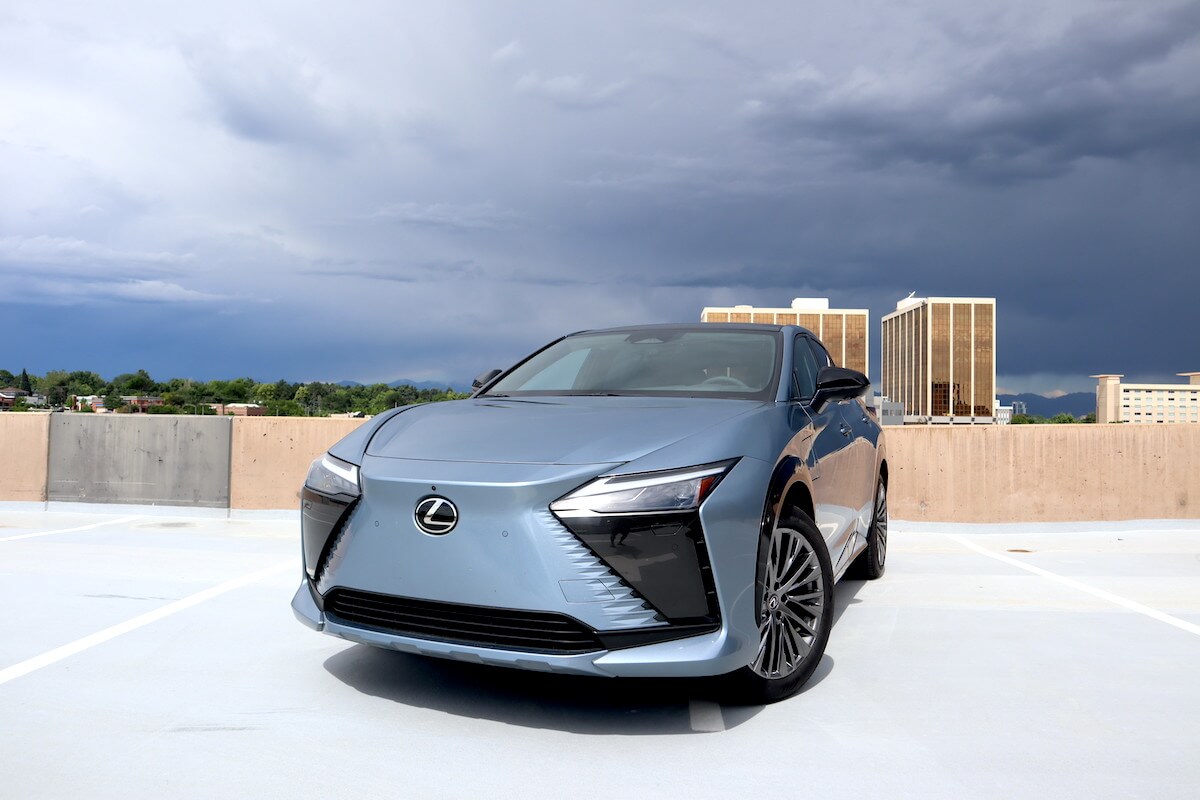 A frontal view of the 2023 Lexus RZ on a parking structure
