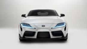 A white 2023 Toyota GR Supra 3.0 shows off its front-end styling.