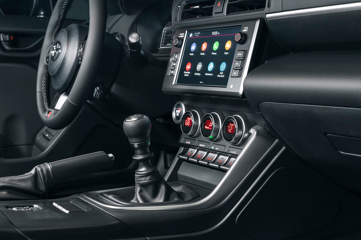 A manual transmission shift know is prominent in a Toyota GR86.