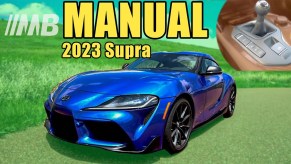Blue 2023 Toyota Supra A90 with manual transmission thumbnail from MotorBiscuit YouTube video