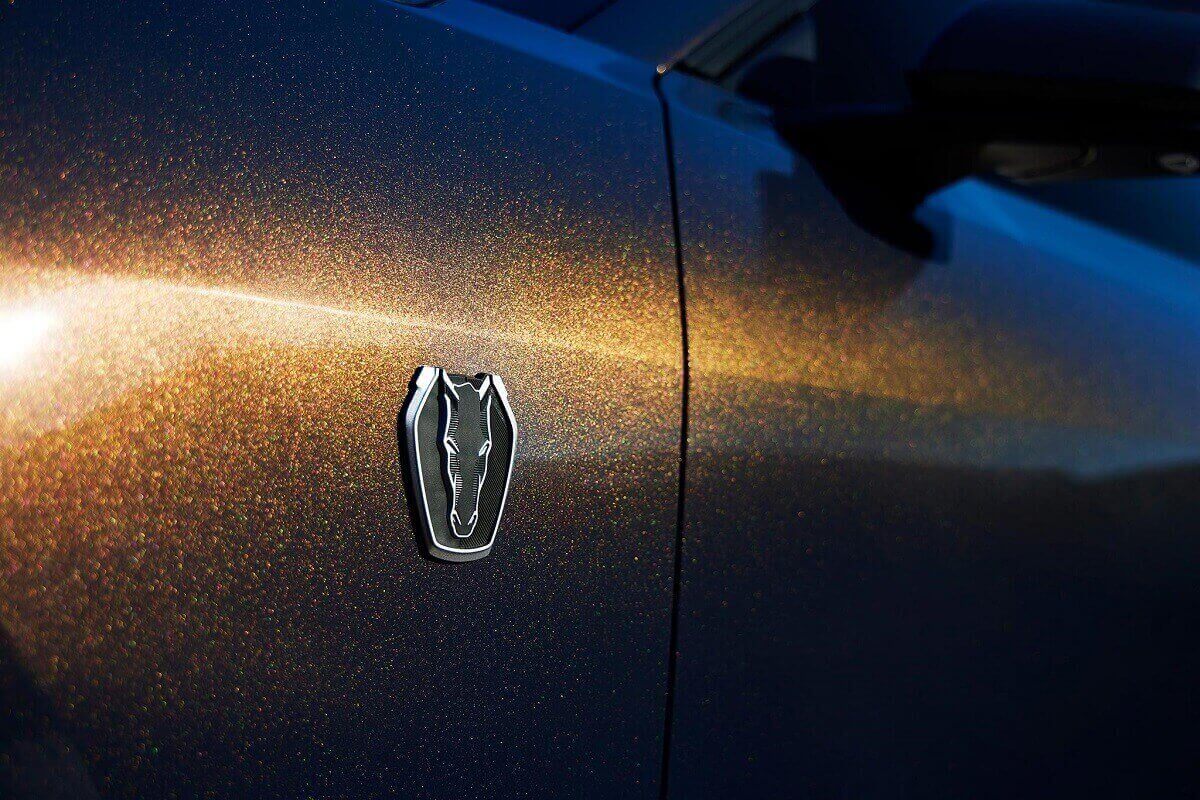 A 2024 Ford Mustang Dark Horse shows off its new badge.