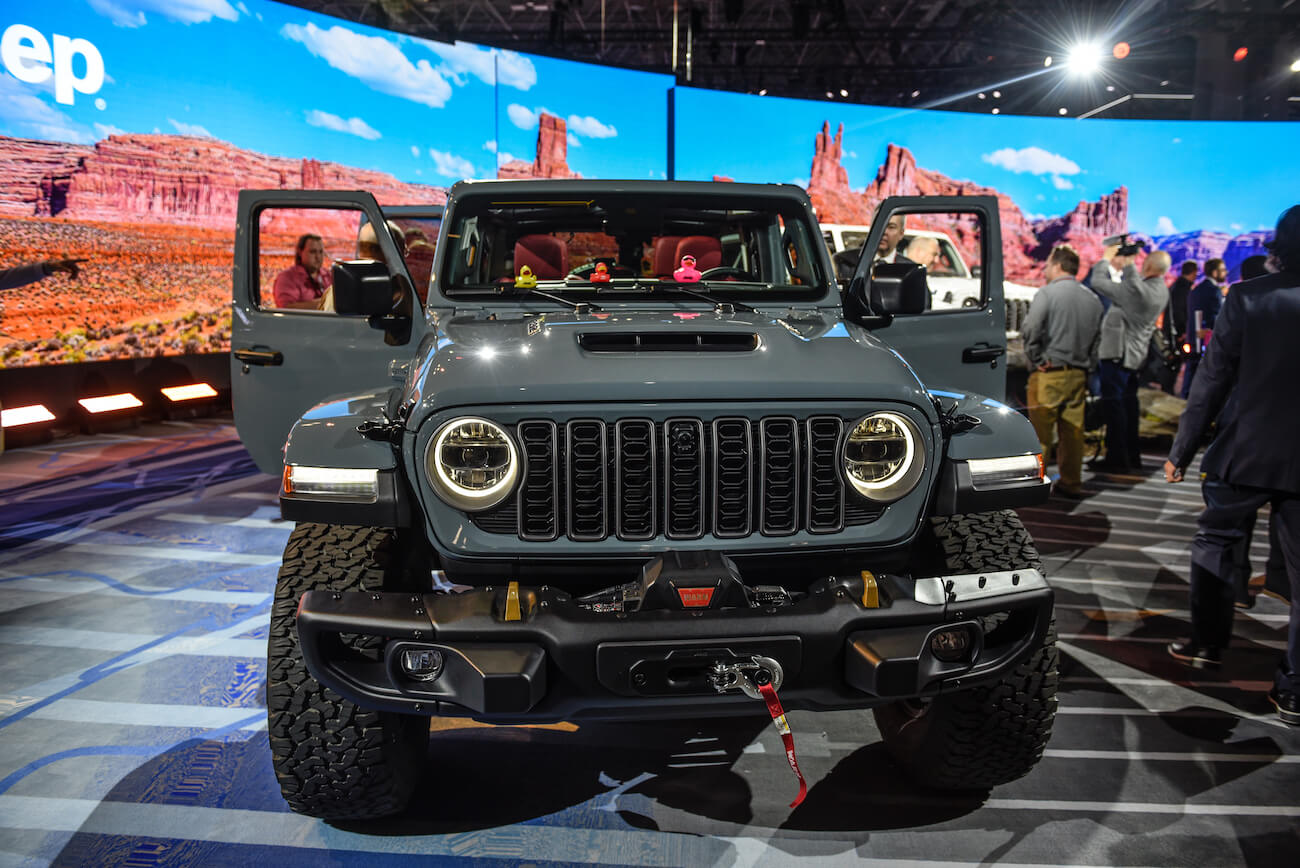 A gray 2024 Jeep Wrangler electric vehicle (EV) during the 2023 New York International Auto Show.