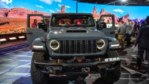 A gray 2024 Jeep Wrangler electric vehicle (EV) during the 2023 New York International Auto Show.