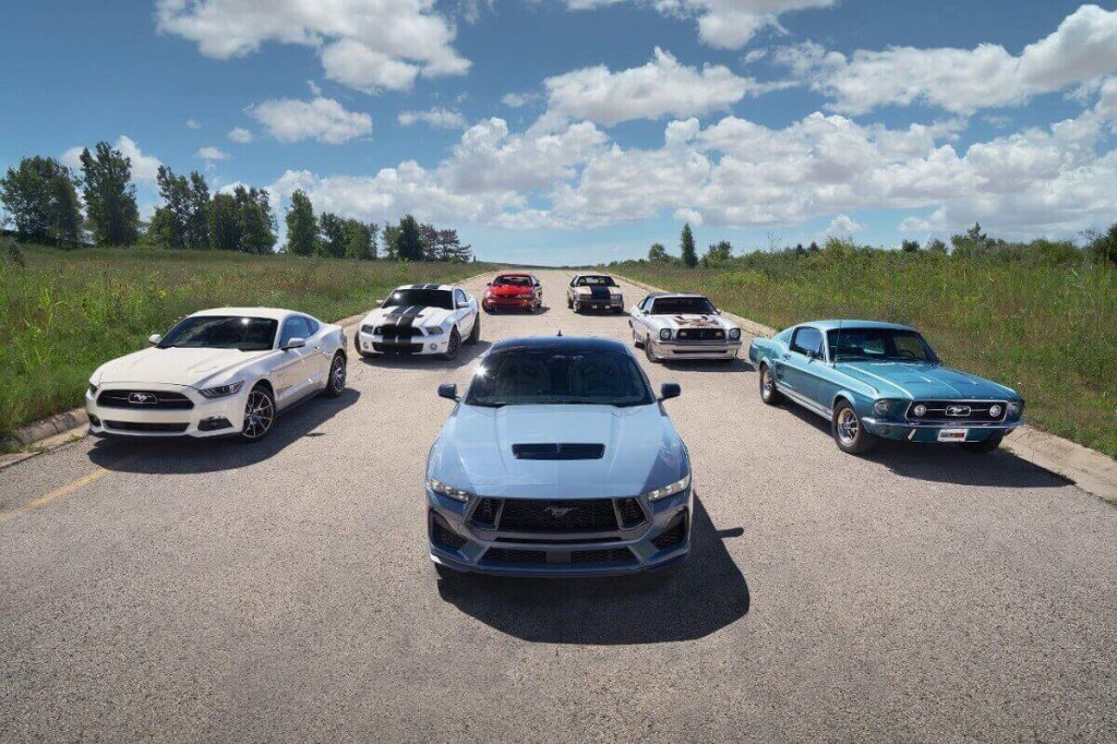 A picture shows every generation of premium gas-guzzling Ford Mustang performance car.
